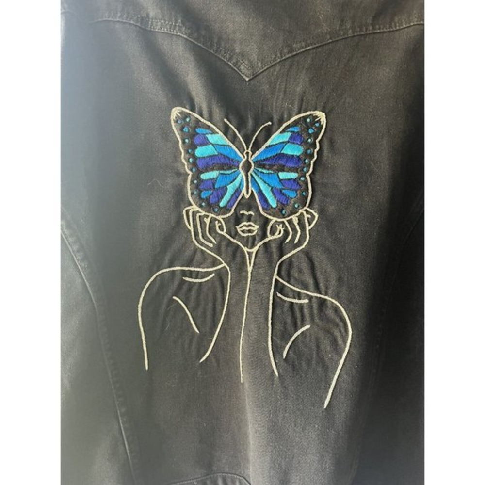 Oversized Black Denim Jacket Butterfly Embroidered Upcycled Grunge